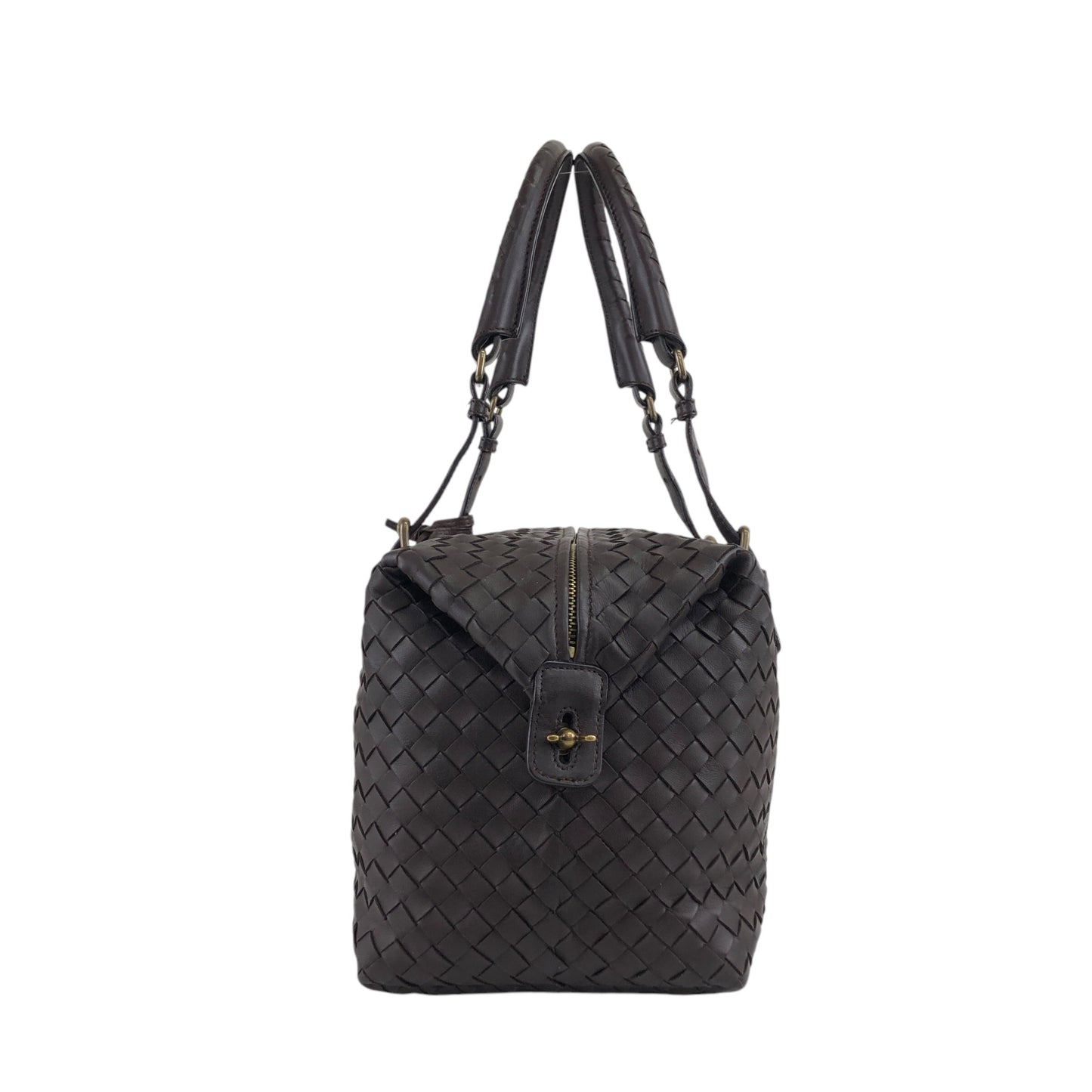 Bottega Veneta Intrecciato Padlock Boston bag Handbag Brown Vintage 2knttm