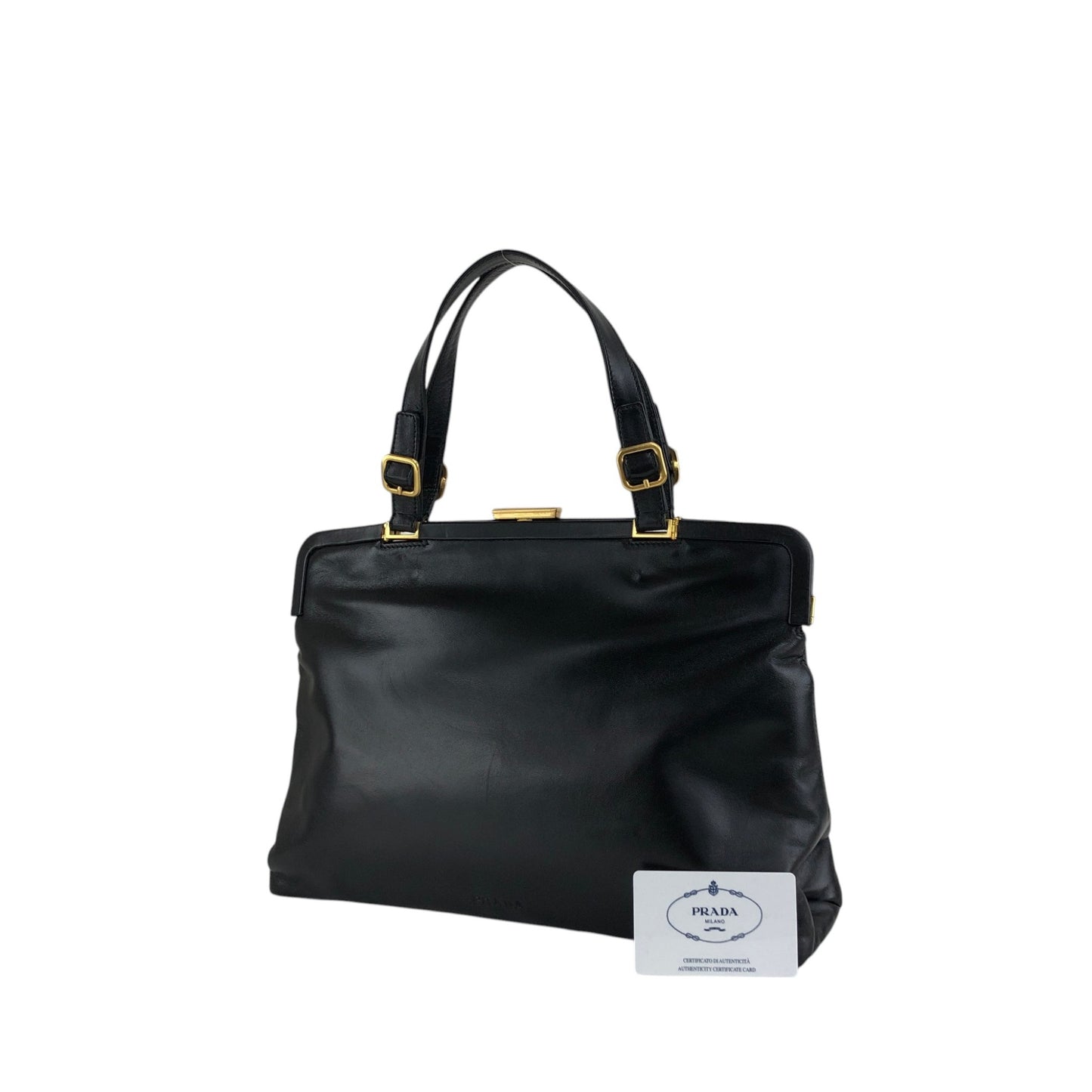 PRADA Logo Embossed Metal Clasp Handbag Black Vintage x7p3fx