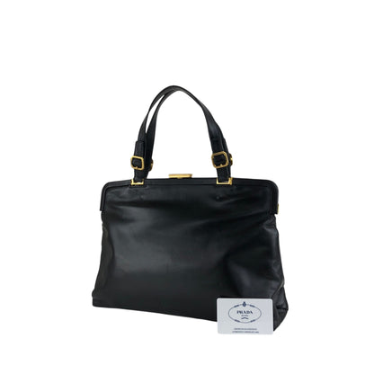 PRADA Logo Embossed Metal Clasp Handbag Black Vintage x7p3fx