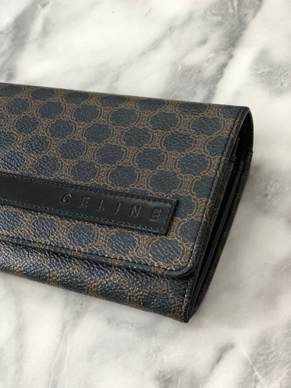 CELINE Macadam Logo Metal Clasp Long Wallet Black Vintage x577ej