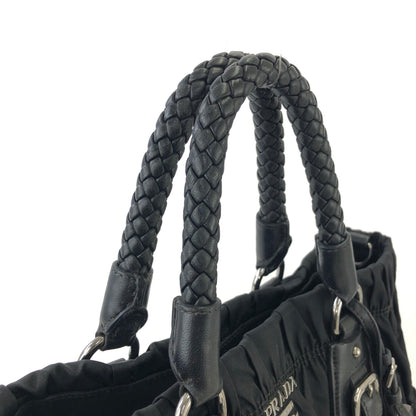 PRADA Logo Motif shirring Nylon Two-way Handbag Shoulder bag Black Vintage vbrtdm