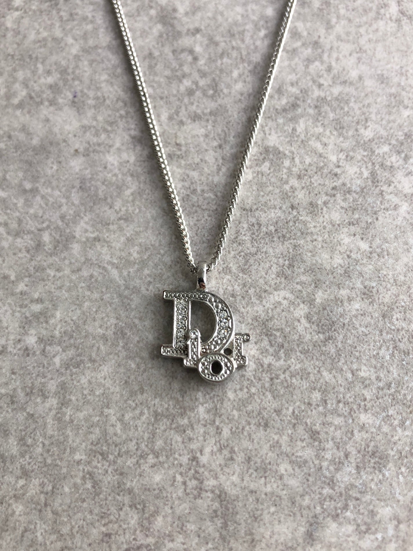 Christian Dior Logo Motif Rhinestone Necklace Silver Vintage zm2rcu