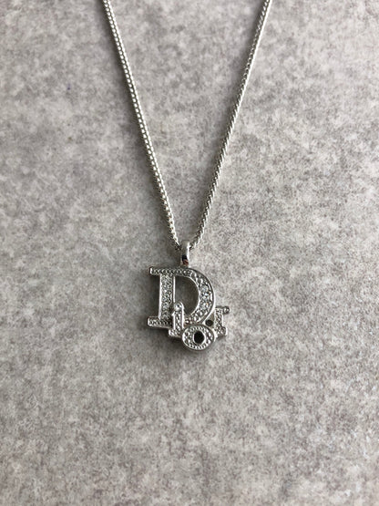 Christian Dior Logo Motif Rhinestone Necklace Silver Vintage zm2rcu