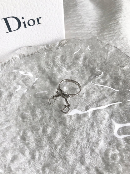 Christian Dior CD Logo Rhinestone Ribbon Motif Ring Silver Vintage kjtyg5