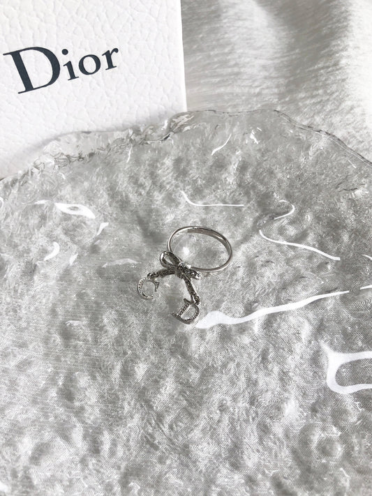 Christian Dior CD Logo Rhinestone Ribbon Motif Ring Silver Vintage kjtyg5