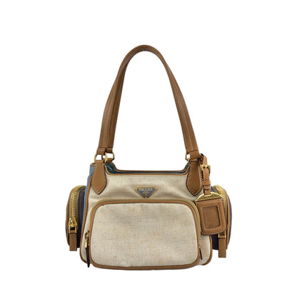 PRADA Triangle Logo Multi Pocket Handbag Totebag Beige×Blue Vintage fkki3a