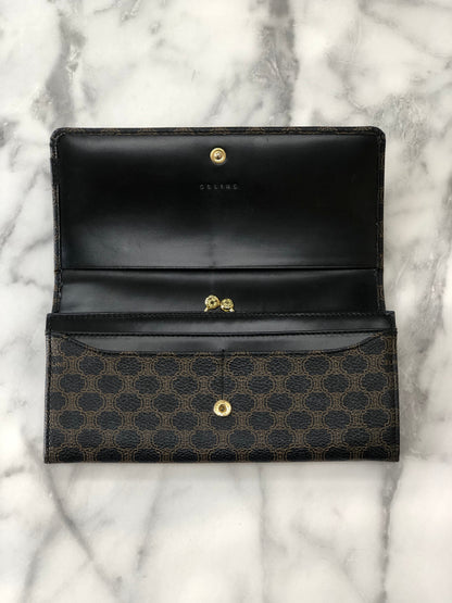 CELINE Macadam Logo Metal Clasp Long Wallet Black Vintage x577ej