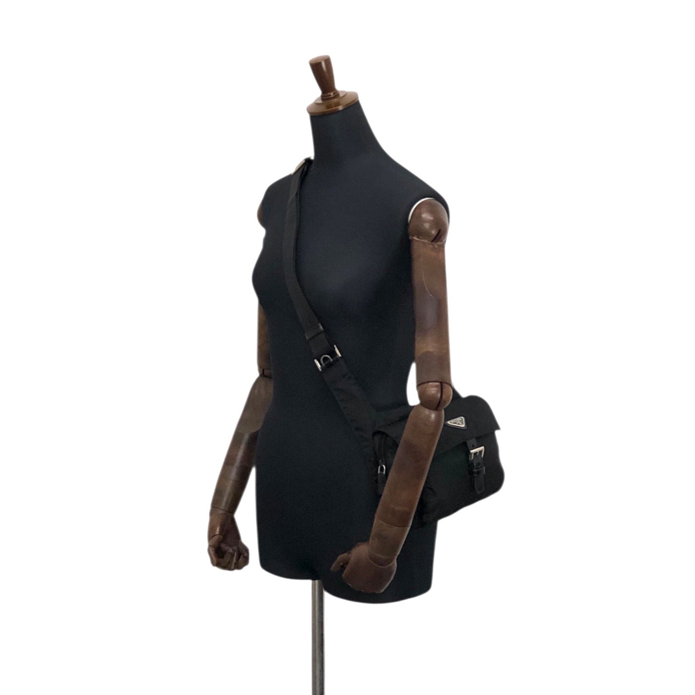 PRADA Tessuto Triangle Logo Front Buckle Shoulder bag Black Vintage mkij8a