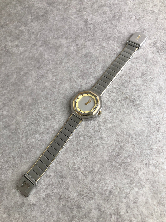 Yves Saint Laurent YSL Logo Watch Silver Vintage ha4wmc