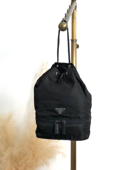 PRADA Tessuto Triangle Logo Drawstring Small Handbag Black Vintage erv6gi