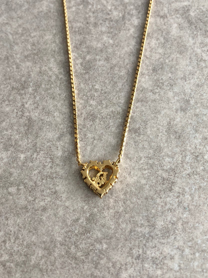 Christian Dior Heart Motif Rhinestone Necklace Gold Vintage z4hitf