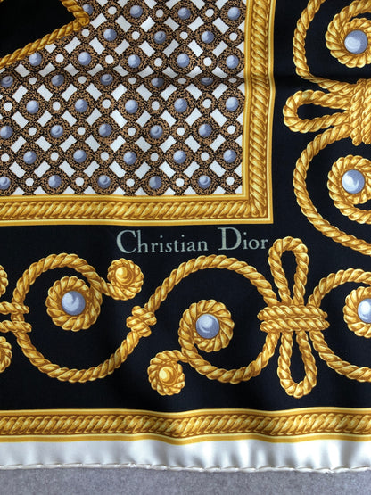 Christian Dior Logo Motif SILK Scarf Gold×Black Vintage ikbe8h