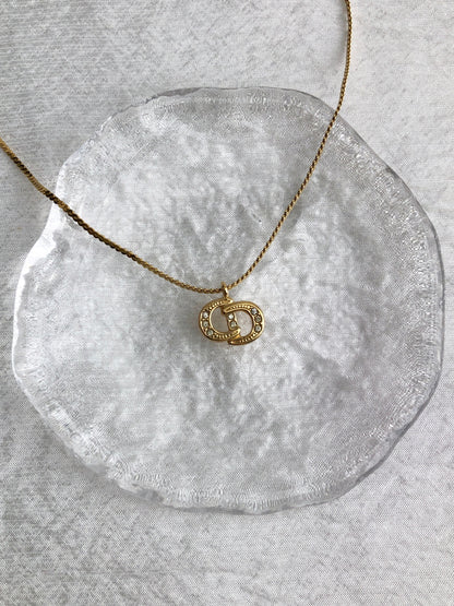 Christian Dior CD Logo Rhinestone Necklace Gold Vintage bzd654