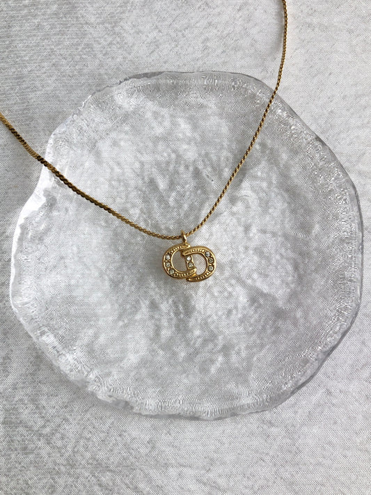 Christian Dior CD Logo Rhinestone Necklace Gold Vintage bzd654