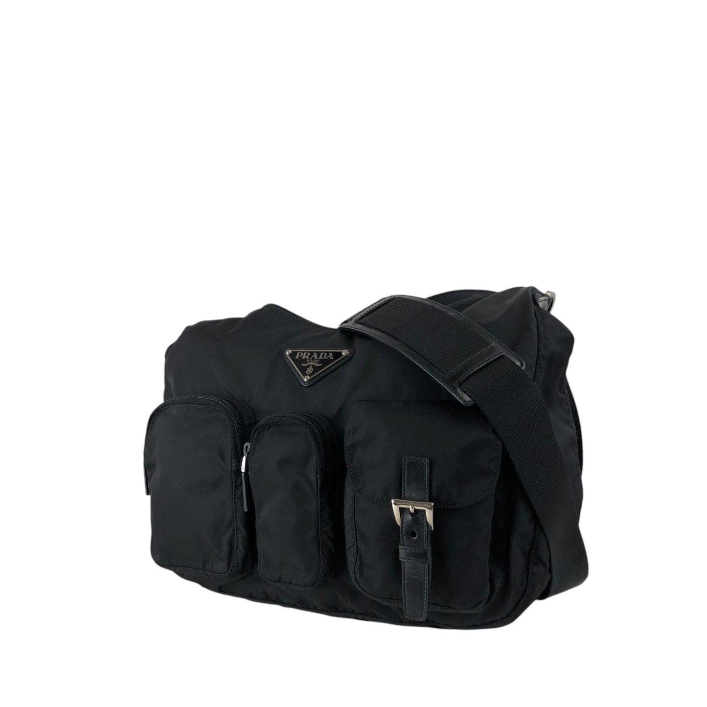 PRADA Tessuto Triangle Logo Front Pocket Shoulder bag Black Vintage 5ia535