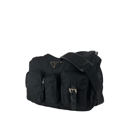 PRADA Tessuto Triangle Logo Front Pocket Shoulder bag Black Vintage 5ia535