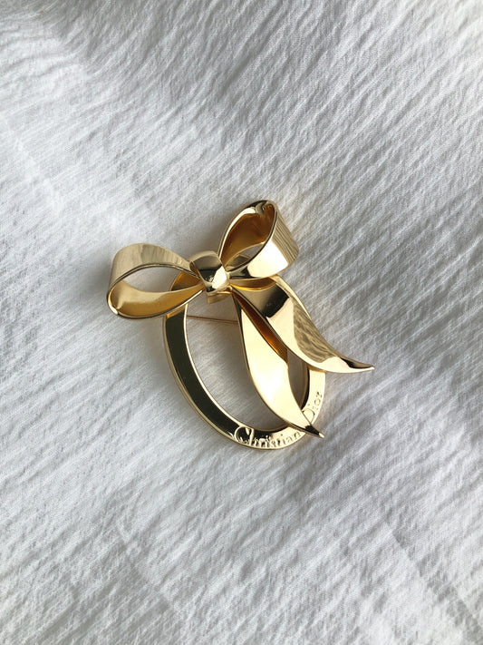 Christian Dior Ribbon Motif Brooch Gold Vintage dnbckj