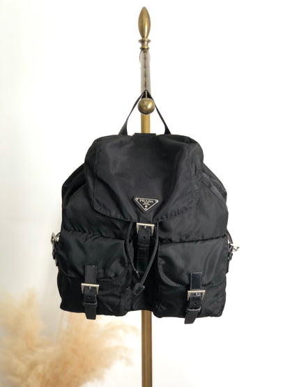 PRADA Tessuto Triangle Logo Double Pocket Backpack Black Vintage vsidzm