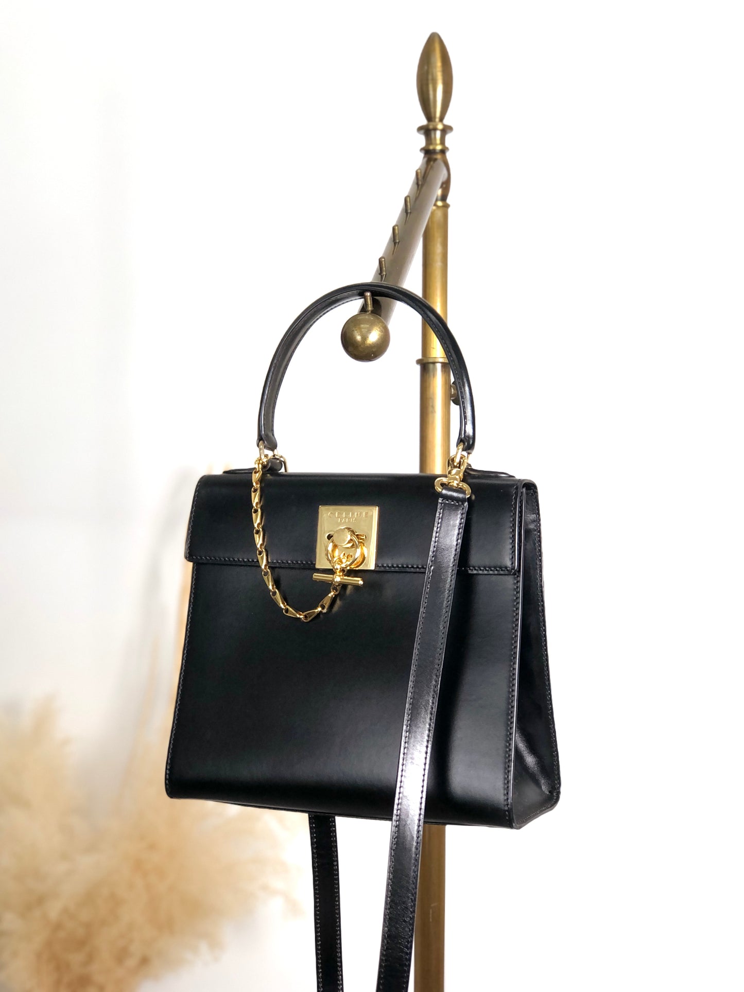 CELINE Gancini Two-way Handbag Shoulder bag Black Vintage r5552p