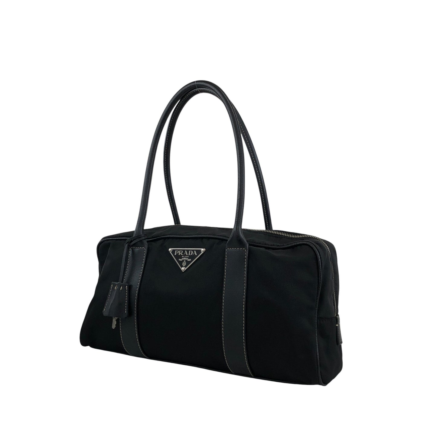 PRADA Tessuto Triangle Logo Padlock Small Boston bag Handbag Black Vintage xxiw34