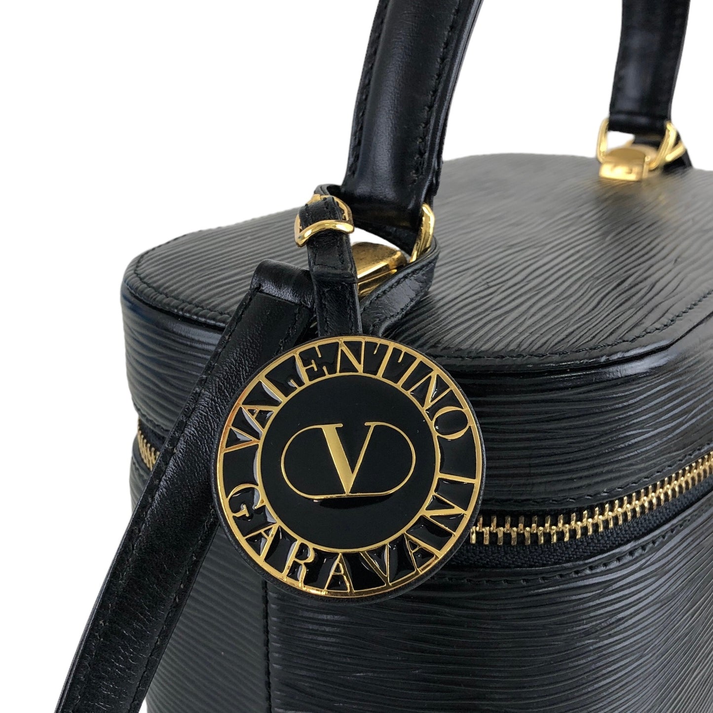 VALENTINO GARAVANI Logo Charm Leather Two-way Handbag Shoulder bag Black Vintage sy87bi