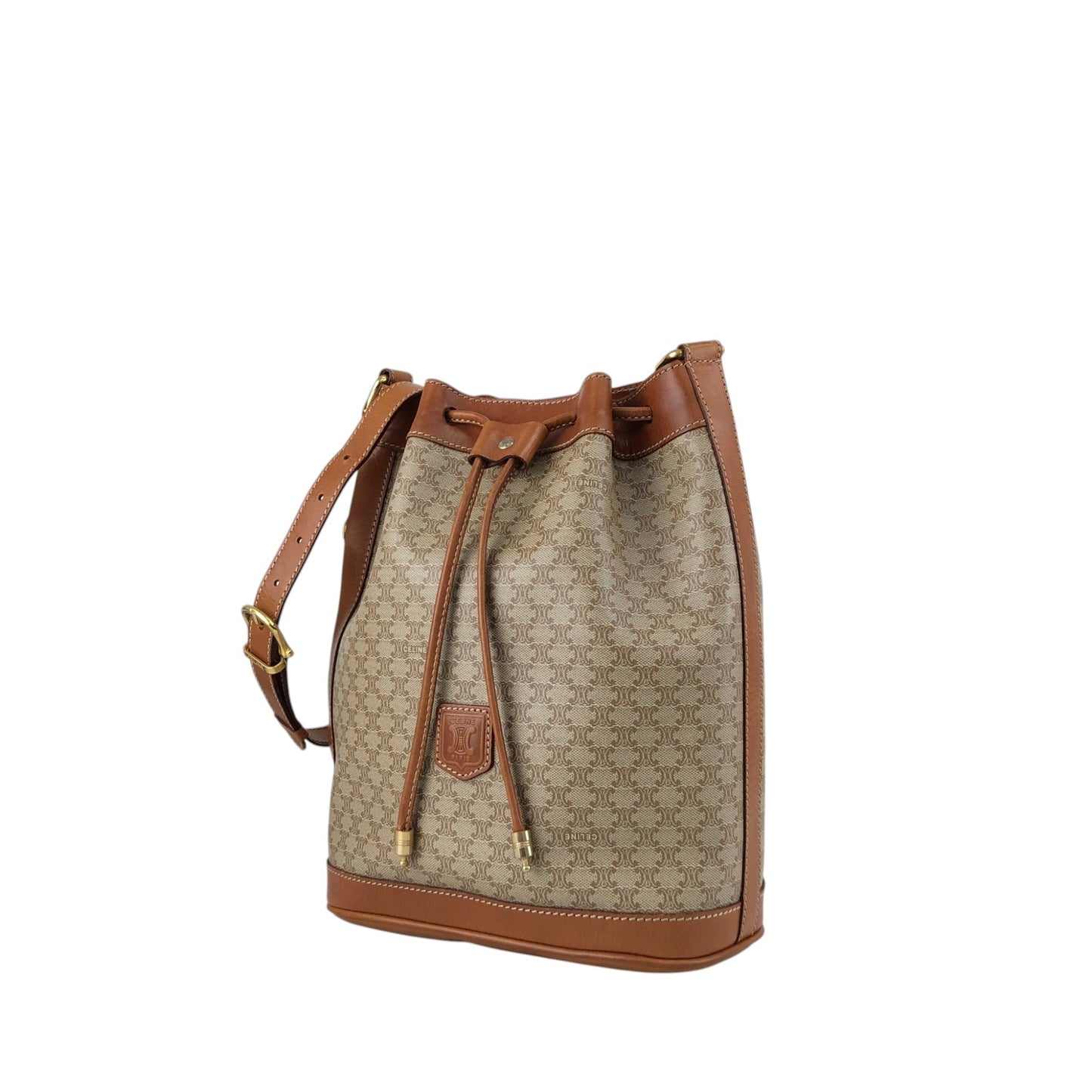 CELINE Macadam Blason Drawstring Shoulder bag Beige Vintage xyjee7