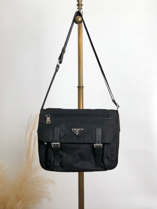 PRADA Triangle Logo Front Buckle Shoulder bag Black Vintage b2kema