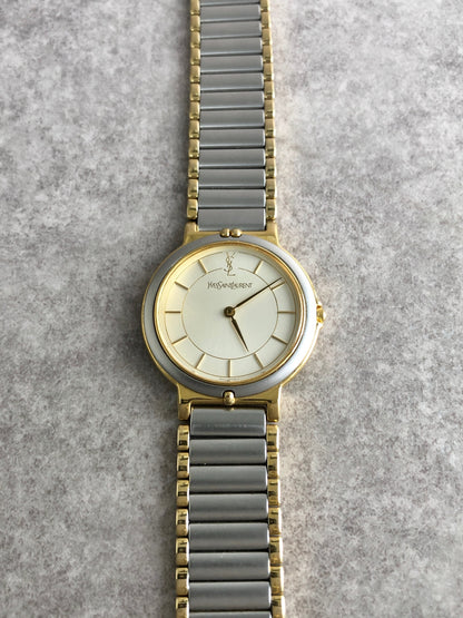 Yves Saint Laurent YSL Logo Quartz Watch Silver×Gold 2823-268440 Vintage 43tt8e