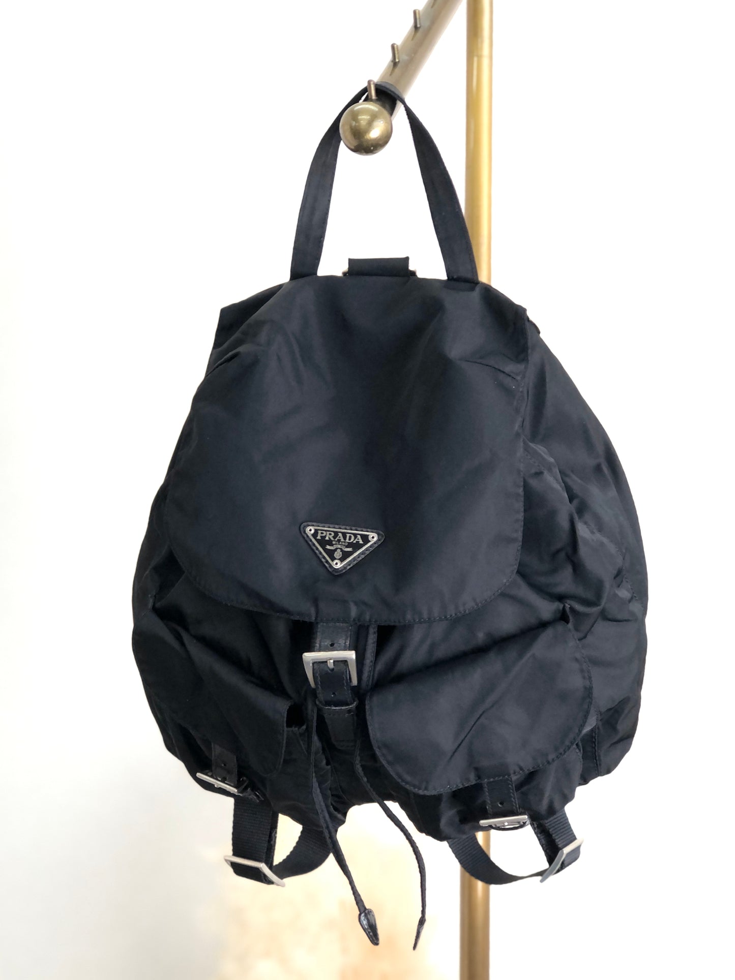 PRADA Triangle Logo Front Buckle Backpack Black Vintage d4dvwd