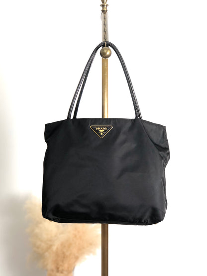 PRADA Tessuto Triangle Logo Handbag Totebag Black Vintage bikz2y