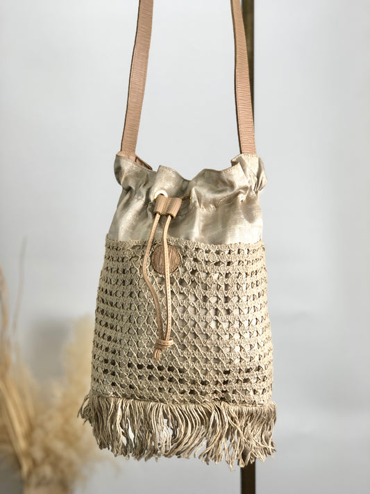 FENDI Zucca Drawstring Shoulder bag Beige Vintage p8rb6m