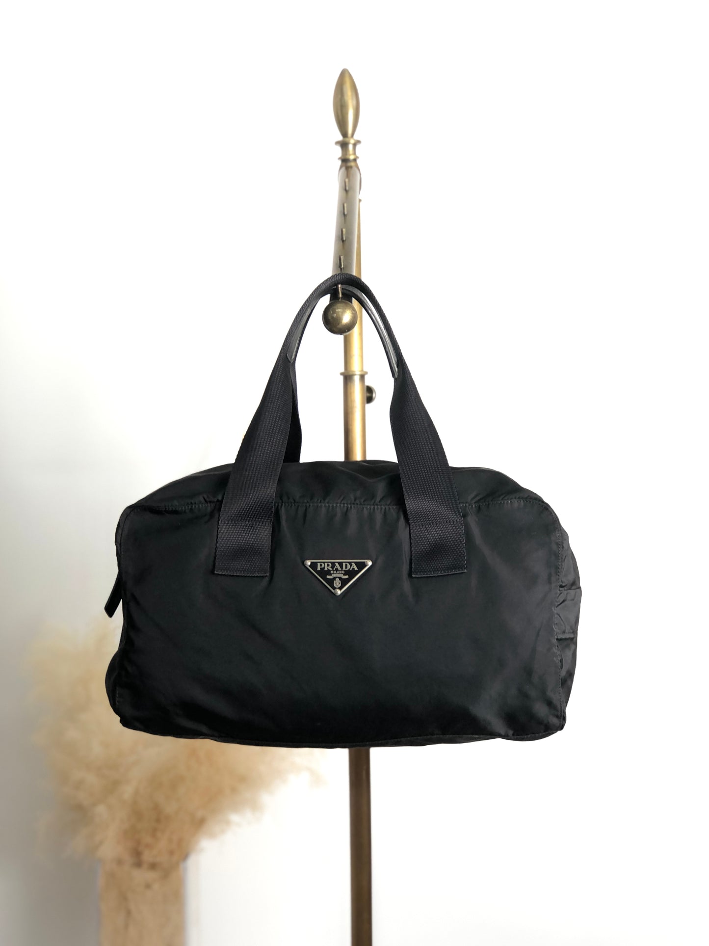 PRADA Tessuto Triangle Logo Handbag Boston bag Black Vintage ycwtum
