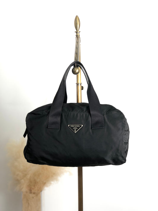 PRADA Tessuto Triangle Logo Handbag Boston bag Black Vintage ycwtum