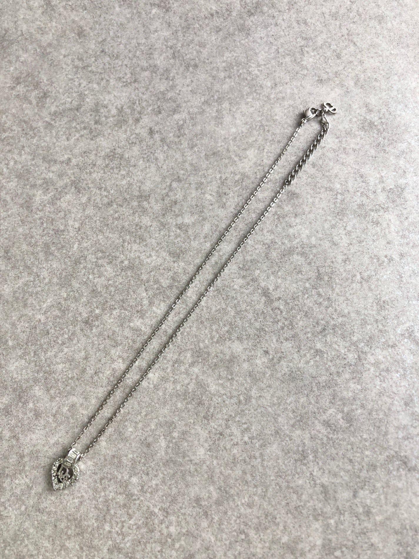 Christian Dior Logo Motif Rhinestone Necklace Silver Vintage a752cj