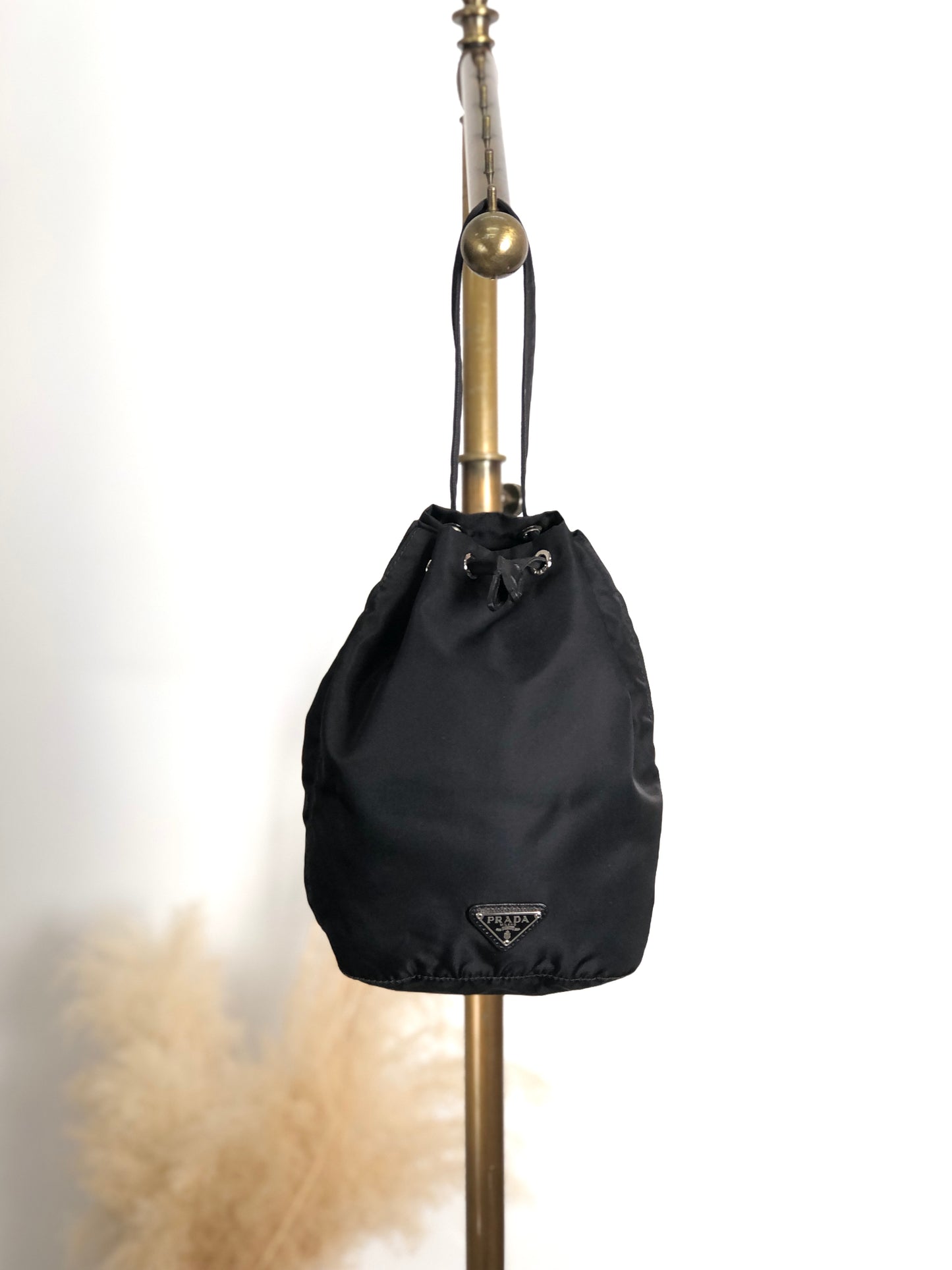 PRADA Tessuto Triangle Logo Drawstring Small Handbag Black Vintage dr5b28