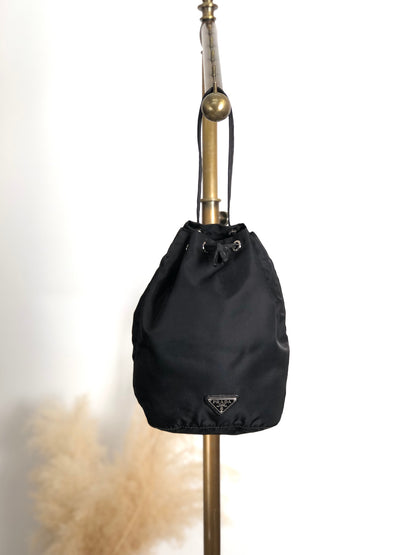PRADA Tessuto Triangle Logo Drawstring Small Handbag Black Vintage dr5b28