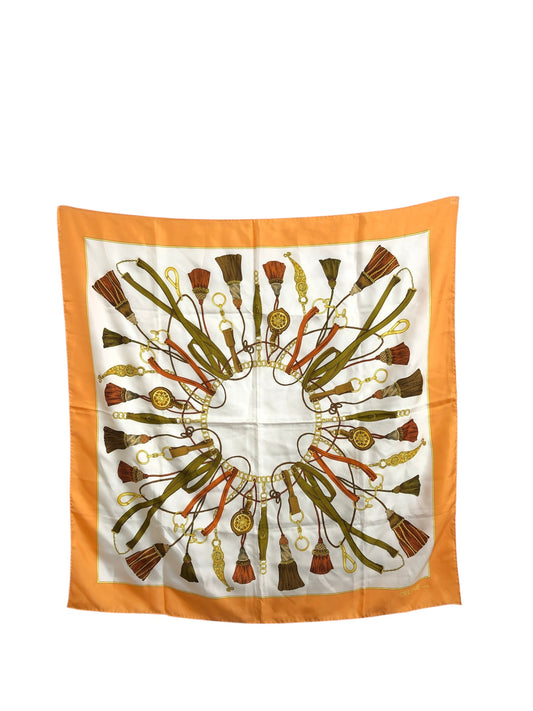 CELINE Tassel Motif Silk Scarf Orange Vintage hp533f