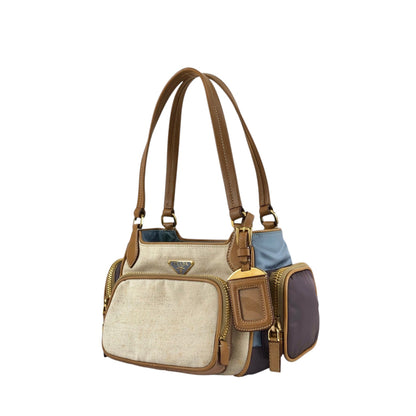 PRADA Triangle Logo Multi Pocket Handbag Totebag Beige×Blue Vintage fkki3a
