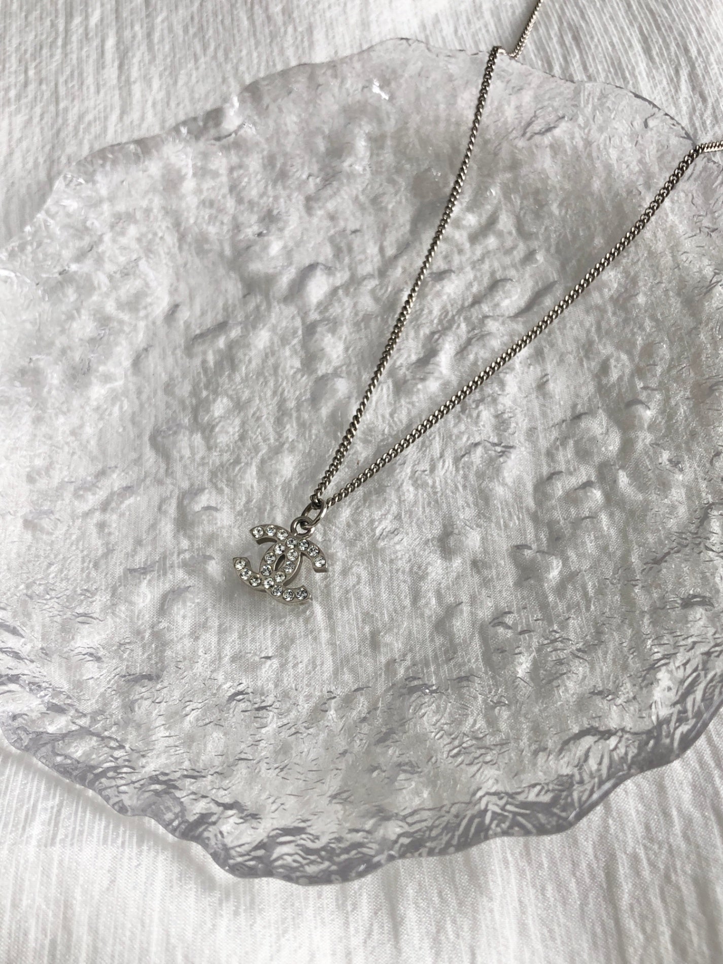 CHANEL Coco Mark Rhinestone Necklace Silver Vintage wsf6m8