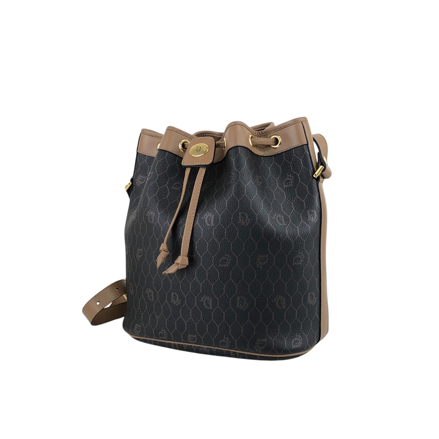 Christian Dior Honeycomb Pattern Drawstring Shoulder bag Black×Beige Vintage bgh644