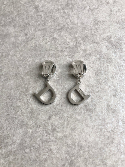 Christian Dior CD Logo Rhinestone Earrings Silver Vintage ztahea