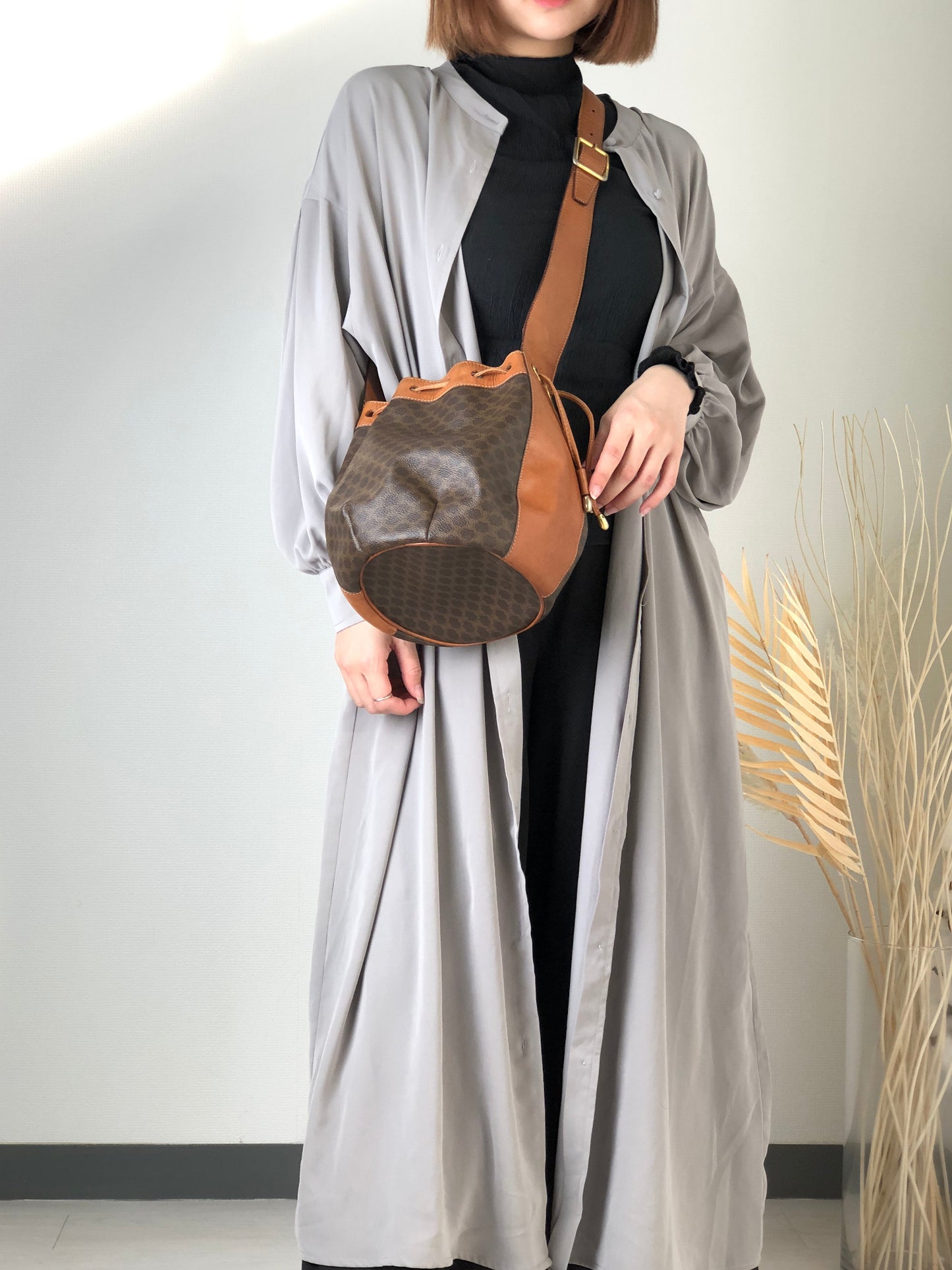CELINE Macadam PVC Leather Drawstring Shoulder bag Brown Vintage 3enu7a