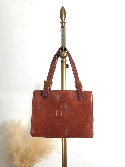 FENDI Logo Embossed Handbag Brown Vintage 8dvn7y