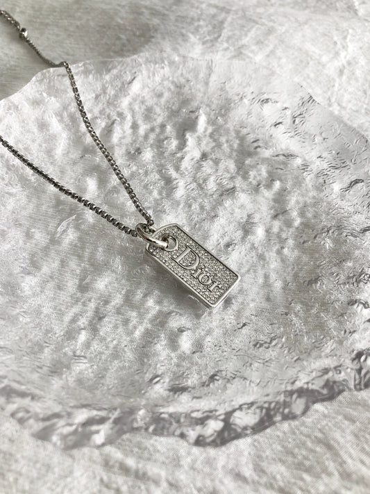 Christian Dior Logo Motif Rhinestone Necklace Silver Vintage tug7mx