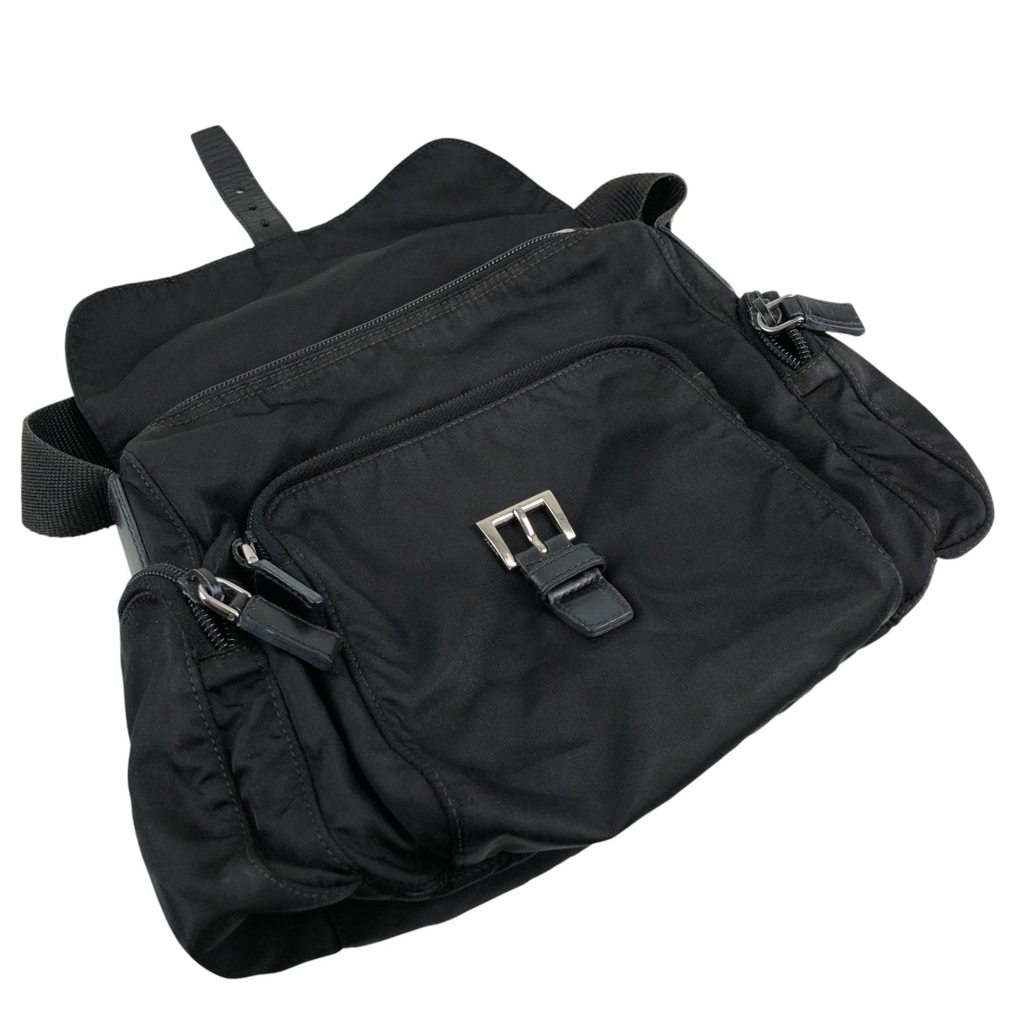 PRADA Tessuto Triangle Logo Front Buckle Side Pocket Shoulder bag Black Vintage 75anhg