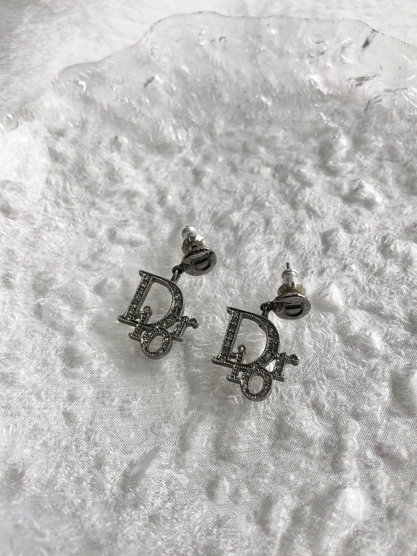 Christian Dior Logo Motif Rhinestone Pierced Silver Vintage 5rebys