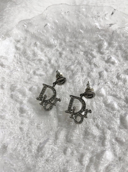 Christian Dior Logo Motif Rhinestone Pierced Silver Vintage 5rebys