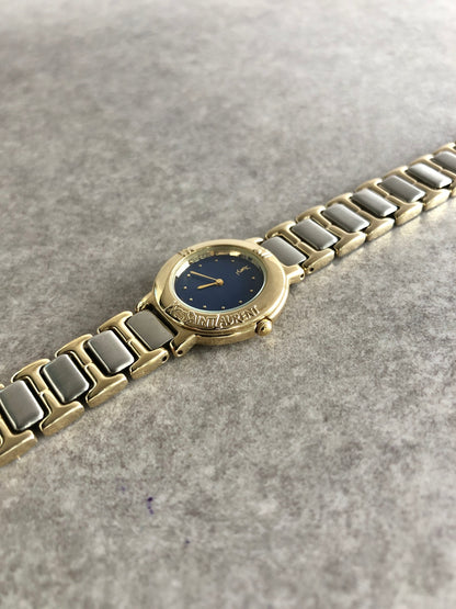 Yves Saint Laurent YSL Logo Quartz Watch Silver×Gold 2200-229789 Vintage 84wevi