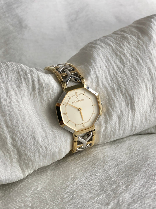 Yves Saint Laurent YSL Logo Watch Silver×Gold 4620-E62143 Vintage tivs5z