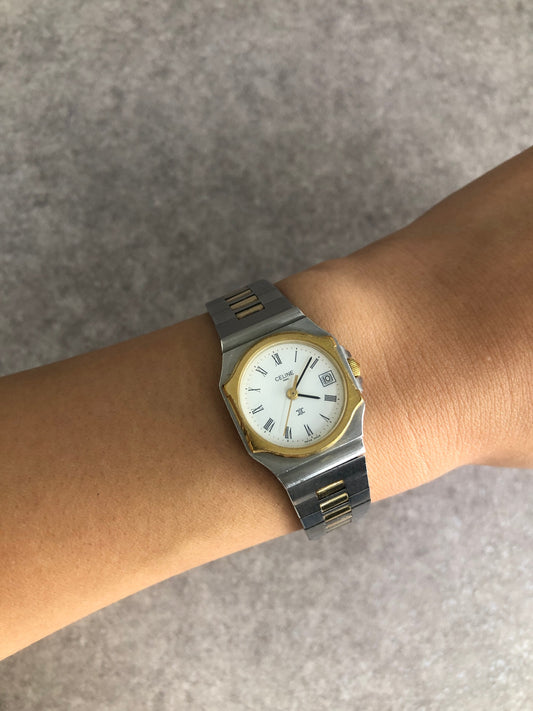 CELINE Logo Watch Silver×Gold 2245 Vintage d4racx